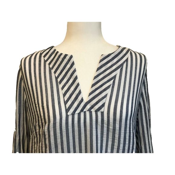 CHICO'S Fluted Sleeve Blouse Top Size 1 Cotton White Blue Striped Notch Neckline - Picture 3 of 7